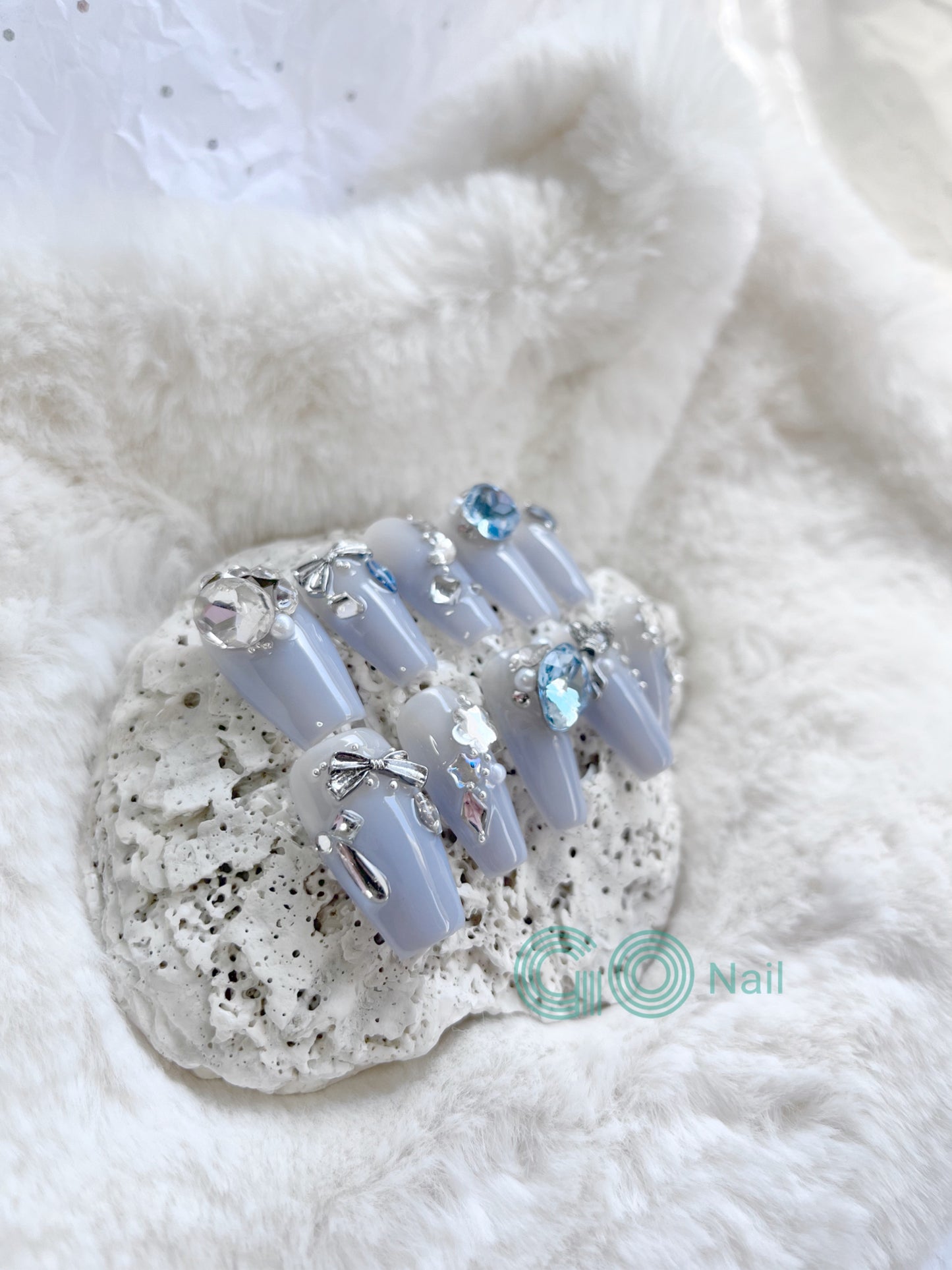 Blue square crystal  press on nails