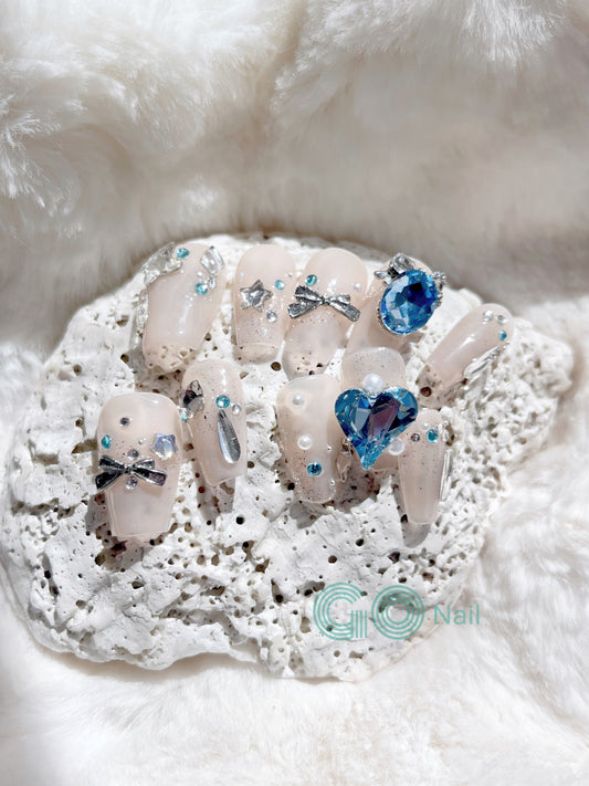 Blue sky crystal short press on nails